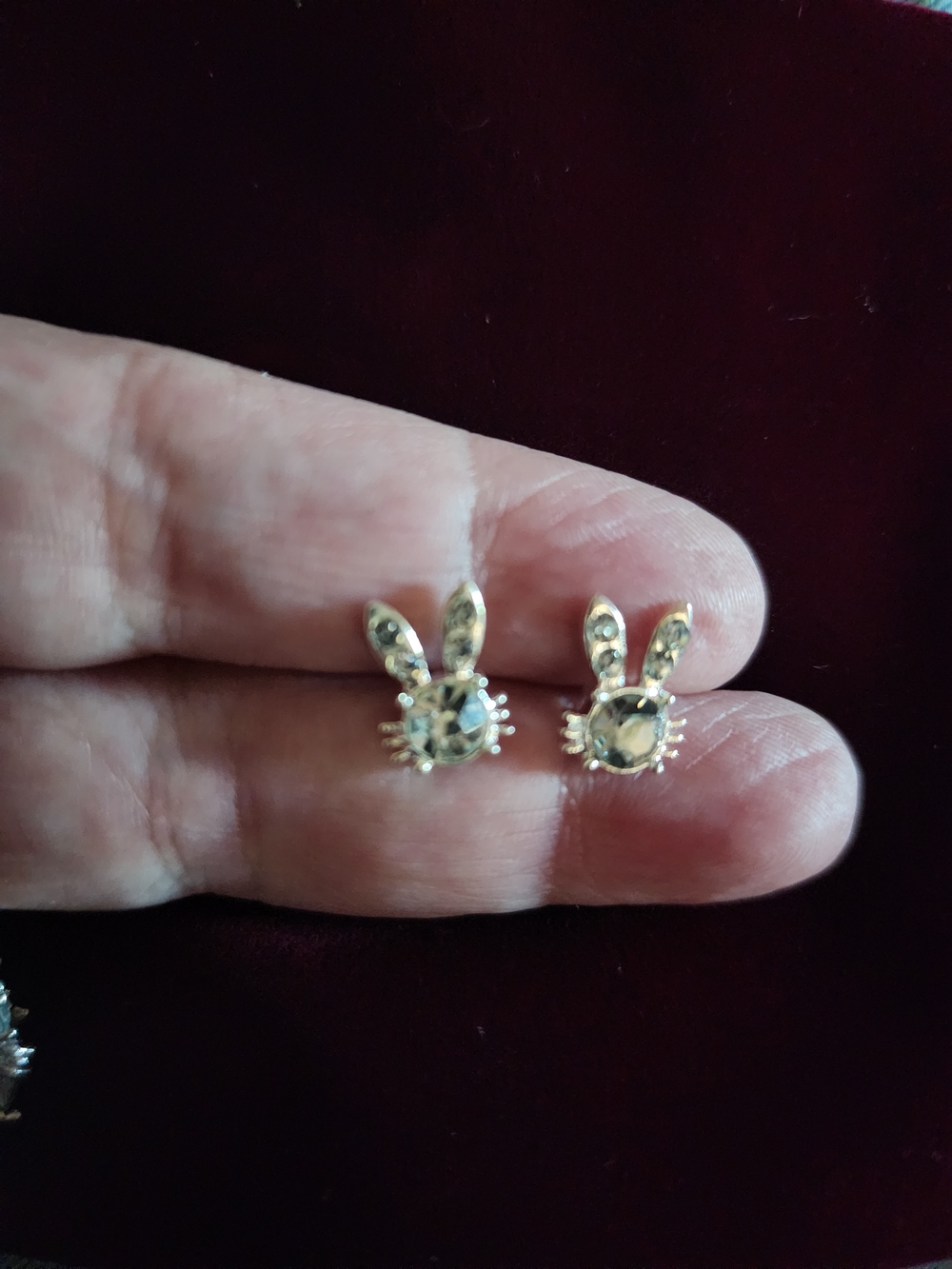 Bunny Stud Earrings in Silver Tone with Crystal Centers
